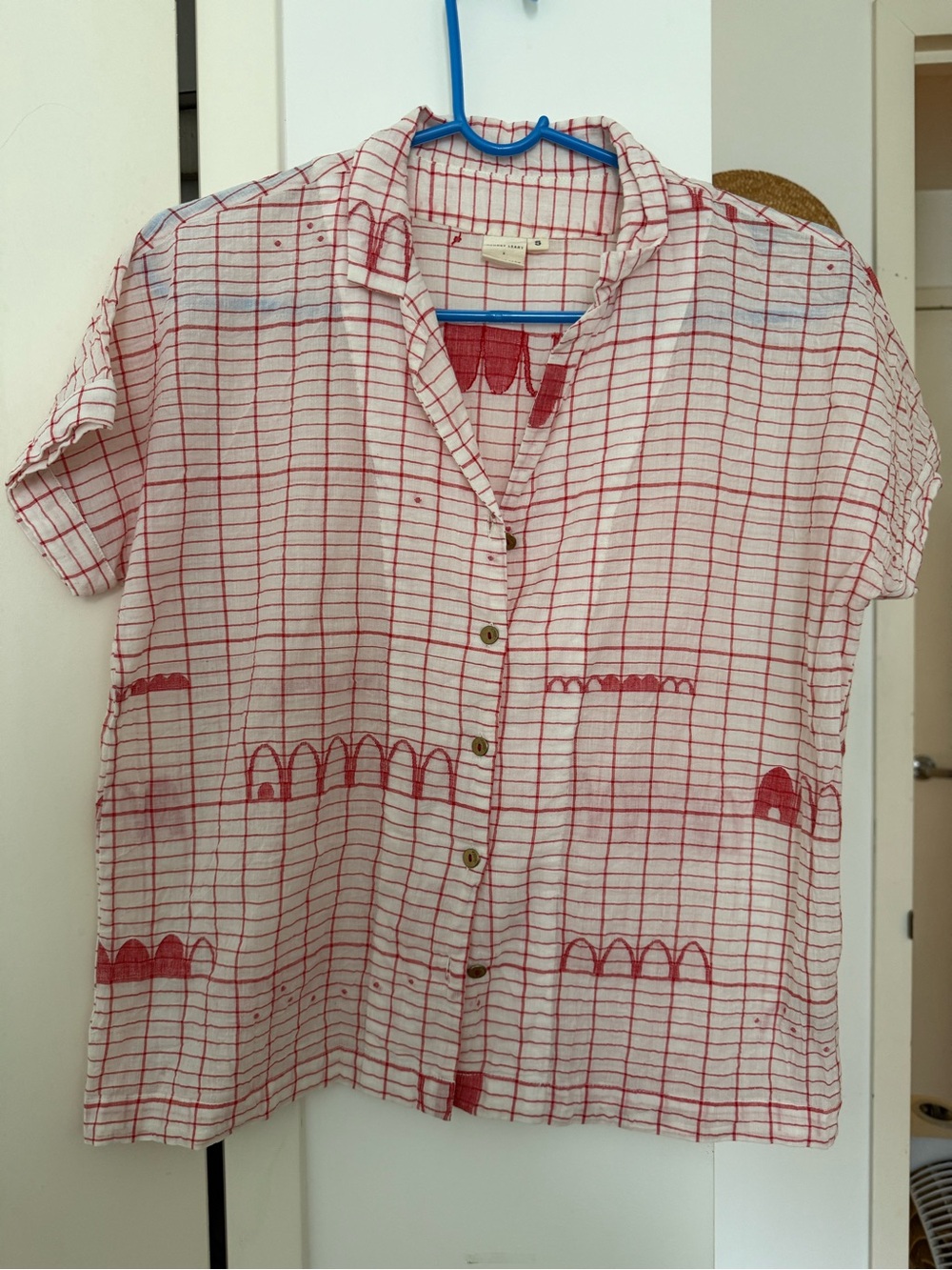 World of Crow x Audrey Leary Red Windowpane Button-Down Short Sleeve Shirt